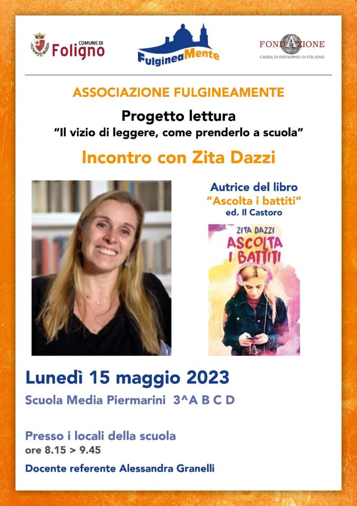 Locandina incontro con Zita Dazzi (Scuola Media Piermarini 15 maggio 2023)