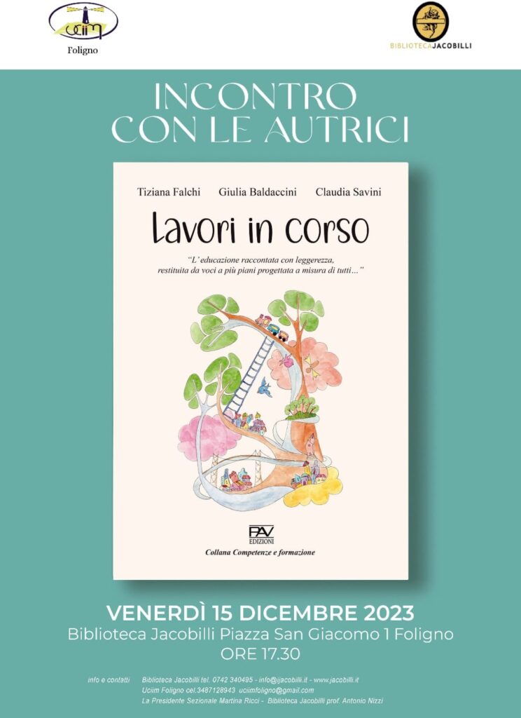Locandina della presentazione del libro Lavori in corso Foligno Biblioteca Jacobilli 15 dicembre 2023.